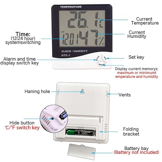 Temperature Humidity Meter,LCD Electronic Digital Outdoor/Indoor Thermometer Hygrometer with Clock Time Humidity Monitor for Home,Bedroom,Pet,Reptile,Plant,Greenhouse,Basement,Guitar (HTC-1)